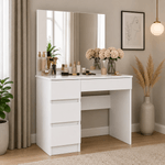 Casa si Gradina - Mobilier - Comode si corpuri - Masute de toaleta - Masa de toaleta si machiaj Stanga, cu oglinda mare, 4 sertare, PAL laminat 16 mm, 90x50x142 cm, alb - Infinity.ro