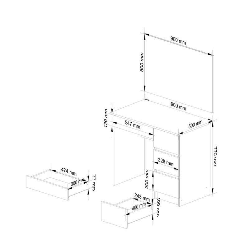 Casa si Gradina - Mobilier - Comode si corpuri - Masute de toaleta - Masa de toaleta si machiaj Dreapta, cu oglinda mare, 4 sertare, PAL laminat 16 mm, 90x50x142 cm, alb - Infinity.ro