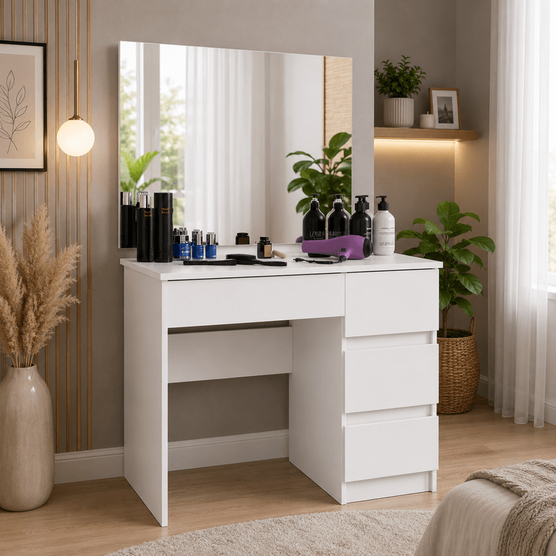 Casa si Gradina - Mobilier - Comode si corpuri - Masute de toaleta - Masa de toaleta si machiaj Dreapta, cu oglinda mare, 4 sertare, PAL laminat 16 mm, 90x50x142 cm, alb - Infinity.ro