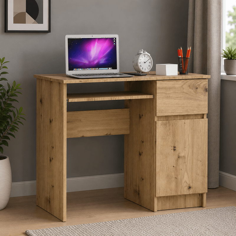 Casa si Gradina - Mobilier - Mese si birouri - Birouri - Birou computer PIKSEL, cu sertar, dulap si raft pentru tastatura, dreapta, 90x50x77 cm, stejar artisan - Infinity.ro