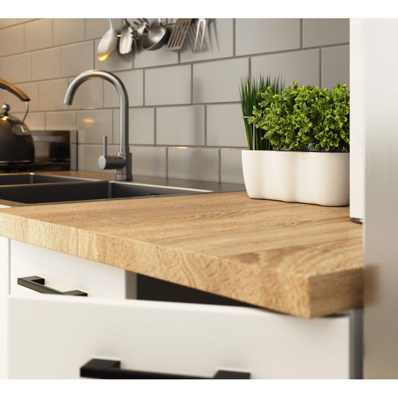 Casa si Gradina - Mobilier - Comode si corpuri - Corpuri bucatarie - Set mobila bucatarie Olivia 240 cm, cu blat stejar sonoma, PAL laminat, 7 corpuri, 240x45x203 cm, alb - Infinity.ro