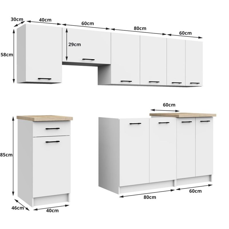 Casa si Gradina - Mobilier - Comode si corpuri - Corpuri bucatarie - Set mobila bucatarie Olivia 240 cm, cu blat stejar sonoma, PAL laminat, 7 corpuri, 240x45x203 cm, alb - Infinity.ro