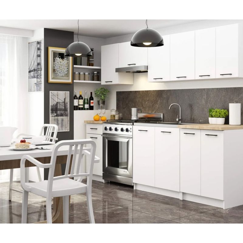 Casa si Gradina - Mobilier - Comode si corpuri - Corpuri bucatarie - Set mobila bucatarie Olivia 240 cm, cu blat stejar sonoma, PAL laminat, 7 corpuri, 240x45x203 cm, alb - Infinity.ro