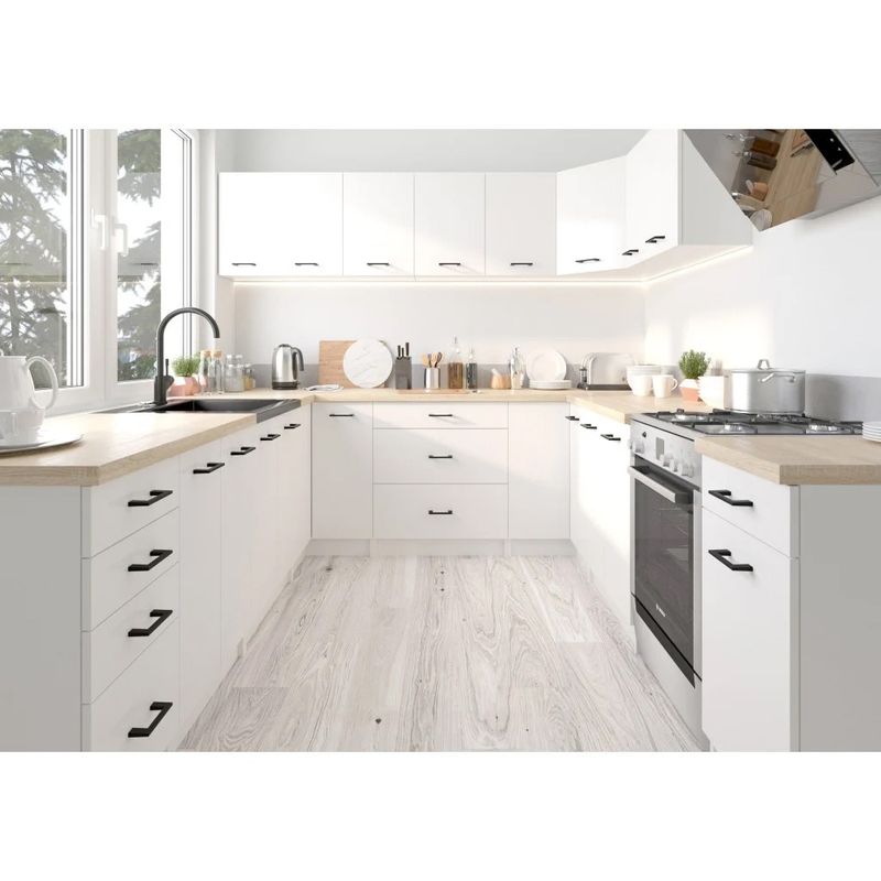 Casa si Gradina - Mobilier - Comode si corpuri - Corpuri bucatarie - Set mobila bucatarie Olivia 240 cm, cu blat stejar sonoma, PAL laminat, 7 corpuri, 240x45x203 cm, alb - Infinity.ro