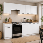 Casa si Gradina - Mobilier - Comode si corpuri - Corpuri bucatarie - Set mobila bucatarie Olivia 240 cm, cu blat stejar sonoma, PAL laminat, 7 corpuri, 240x45x203 cm, alb - Infinity.ro