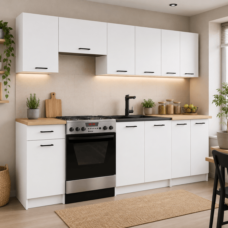 Casa si Gradina - Mobilier - Comode si corpuri - Corpuri bucatarie - Set mobila bucatarie Olivia 240 cm, cu blat stejar sonoma, PAL laminat, 7 corpuri, 240x45x203 cm, alb - Infinity.ro