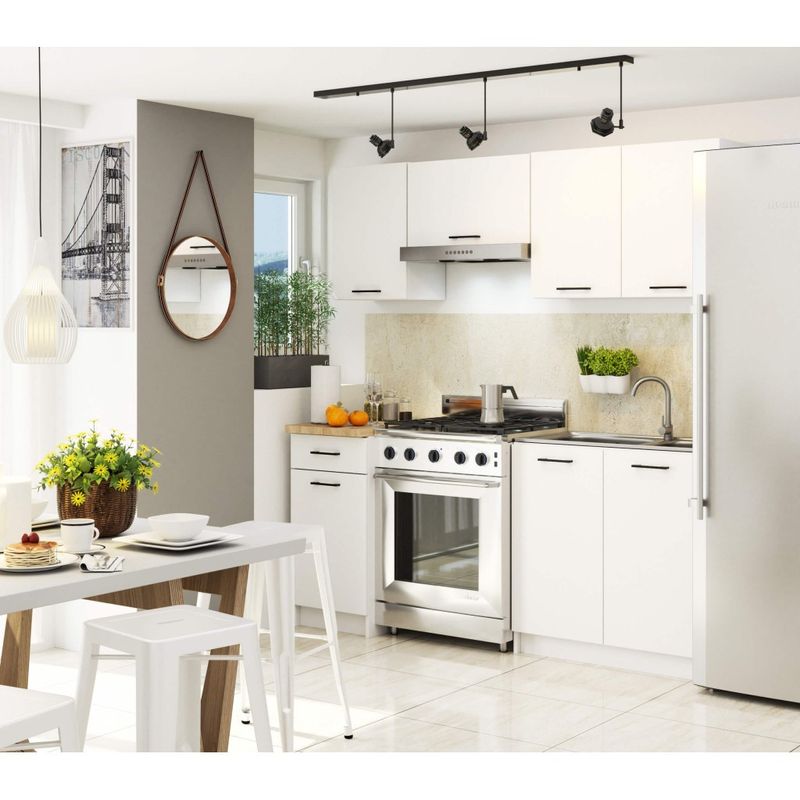 Casa si Gradina - Mobilier - Comode si corpuri - Corpuri bucatarie - Set mobila bucatarie Olivia 180 cm, cu blat stejar sonoma, PAL laminat, 5 corpuri, 180x46x203 cm, alb si gri beton - Infinity.ro