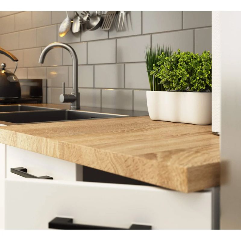 Casa si Gradina - Mobilier - Comode si corpuri - Corpuri bucatarie - Set mobila bucatarie Olivia 180 cm, cu blat stejar sonoma, PAL laminat, 5 corpuri, 180x46x203 cm, alb si gri beton - Infinity.ro