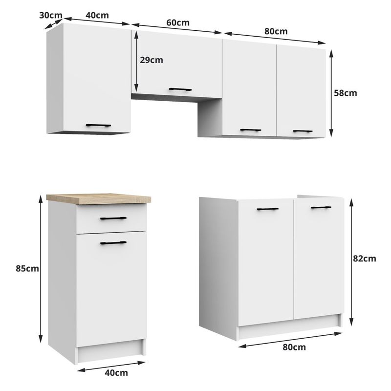 Casa si Gradina - Mobilier - Comode si corpuri - Corpuri bucatarie - Set mobila bucatarie Olivia 180 cm, cu blat stejar sonoma, PAL laminat, 5 corpuri, 180x46x203 cm, alb si gri beton - Infinity.ro