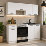Casa si Gradina - Mobilier - Comode si corpuri - Corpuri bucatarie - Set mobila bucatarie Olivia 180 cm, cu blat stejar sonoma, PAL laminat, 5 corpuri, 180x46x203 cm, alb si gri beton - Infinity.ro