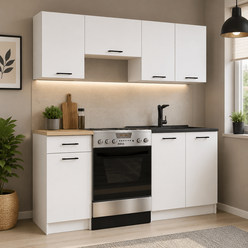 Casa si Gradina - Mobilier - Comode si corpuri - Corpuri bucatarie - Set mobila bucatarie Olivia 180 cm, cu blat stejar sonoma, PAL laminat, 5 corpuri, 180x46x203 cm, alb si gri beton - Infinity.ro