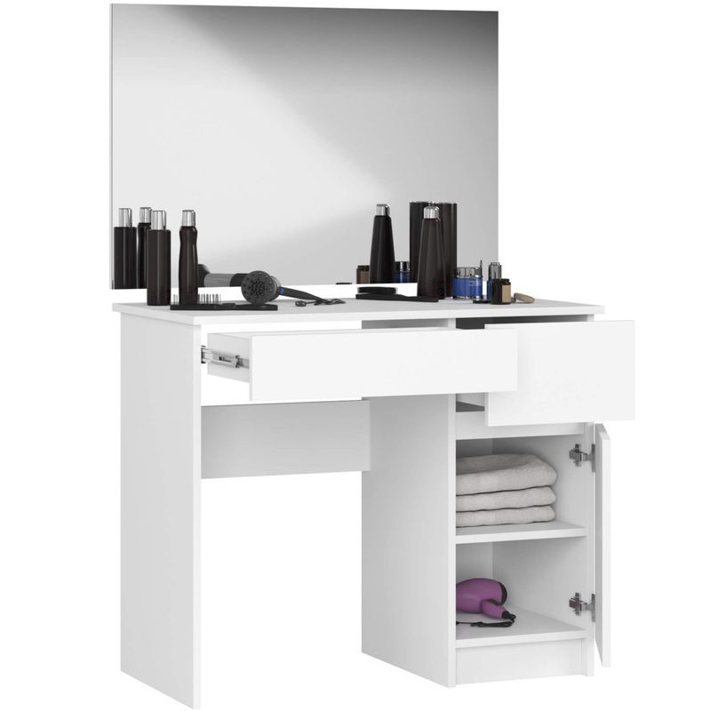 Casa si Gradina - Mobilier - Comode si corpuri - Corpuri bucatarie - Masa de toaleta si machiaj cu oglinda mare, 2 sertare si dulap, PAL laminat 16 mm, 90x50x142 cm, alba - Infinity.ro