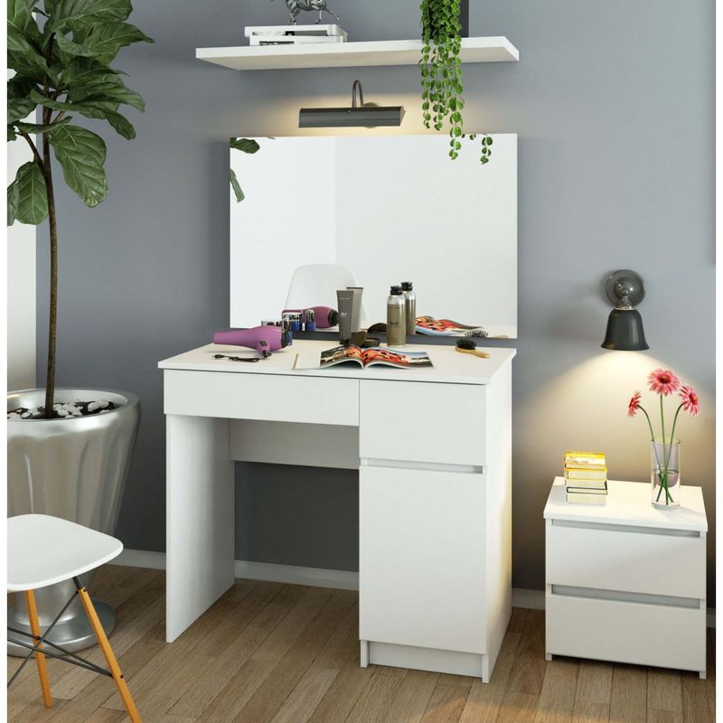 Casa si Gradina - Mobilier - Comode si corpuri - Corpuri bucatarie - Masa de toaleta si machiaj cu oglinda mare, 2 sertare si dulap, PAL laminat 16 mm, 90x50x142 cm, alba - Infinity.ro