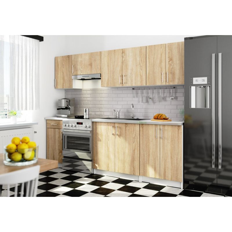 Casa si Gradina - Mobilier - Comode si corpuri - Corpuri bucatarie - Set mobila bucatarie Lima 240 cm, cu blat alb, PAL laminat, 7 corpuri, 240x45x203 cm, stejar sonoma - Infinity.ro