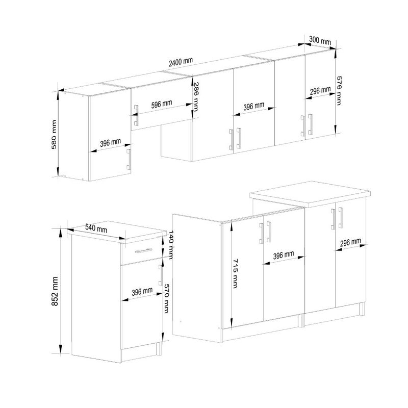 Casa si Gradina - Mobilier - Comode si corpuri - Corpuri bucatarie - Set mobila bucatarie Lima 240 cm, cu blat alb, PAL laminat, 7 corpuri, 240x45x203 cm, stejar sonoma - Infinity.ro