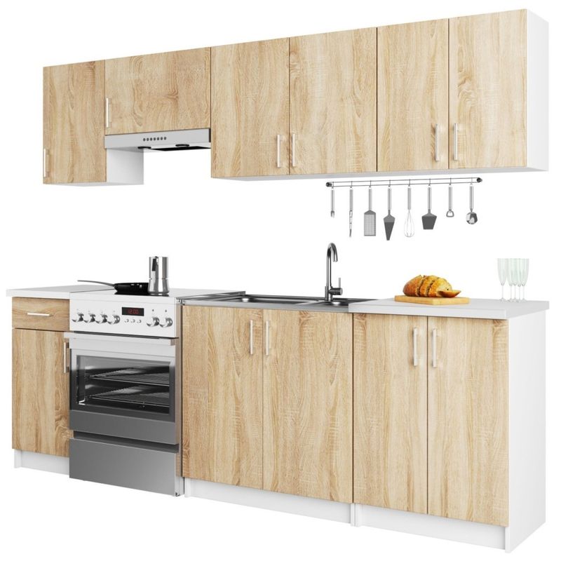 Casa si Gradina - Mobilier - Comode si corpuri - Corpuri bucatarie - Set mobila bucatarie Lima 240 cm, cu blat alb, PAL laminat, 7 corpuri, 240x45x203 cm, stejar sonoma - Infinity.ro