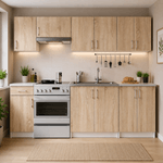 Casa si Gradina - Mobilier - Comode si corpuri - Corpuri bucatarie - Set mobila bucatarie Lima 240 cm, cu blat alb, PAL laminat, 7 corpuri, 240x45x203 cm, stejar sonoma - Infinity.ro