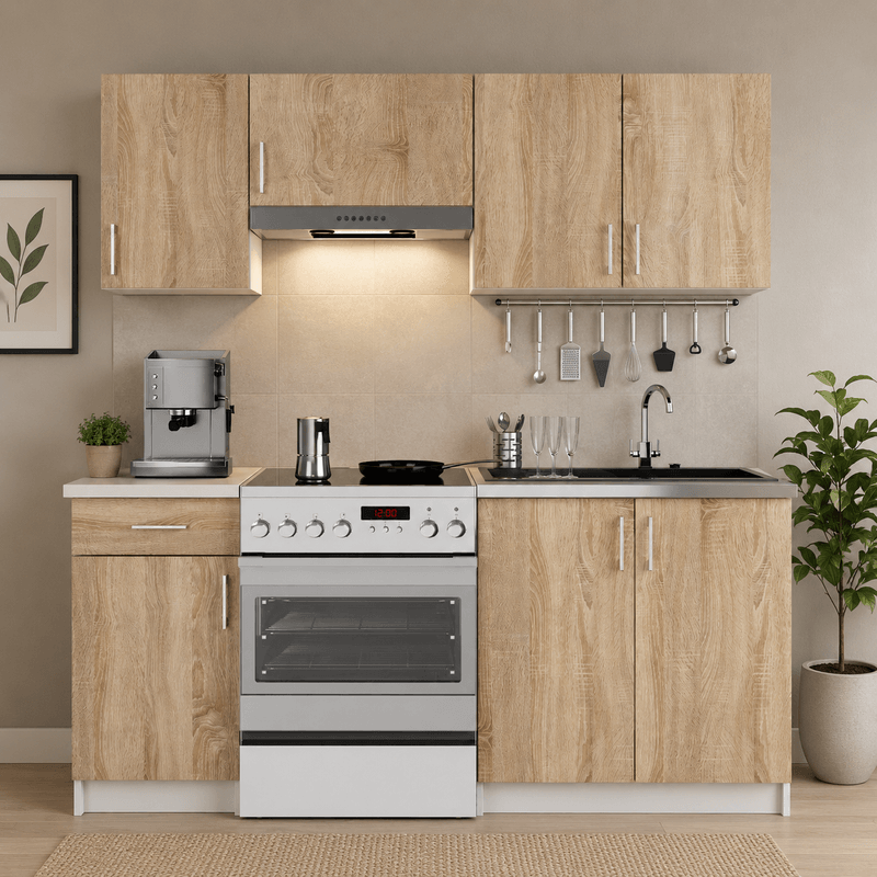 Casa si Gradina - Mobilier - Comode si corpuri - Corpuri bucatarie - Set mobila bucatarie Lima 180 cm, cu blat alb, PAL laminat, 5 corpuri, 180x45x203 cm, stejar sonoma - Infinity.ro