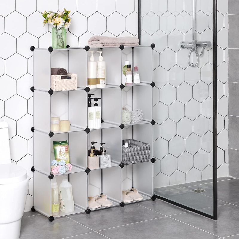 Casa si Gradina - Mobilier - Mobilier baie - Corpuri baie - Biblioteca modulara cu 12 compartimente, rafturi cubice din plastic, montaj rapid, 93x31x123 cm, alb transparent - Infinity.ro