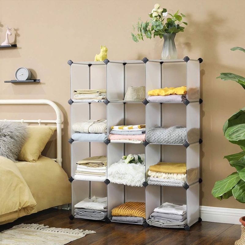 Casa si Gradina - Mobilier - Mobilier baie - Corpuri baie - Biblioteca modulara cu 12 compartimente, rafturi cubice din plastic, montaj rapid, 93x31x123 cm, alb transparent - Infinity.ro