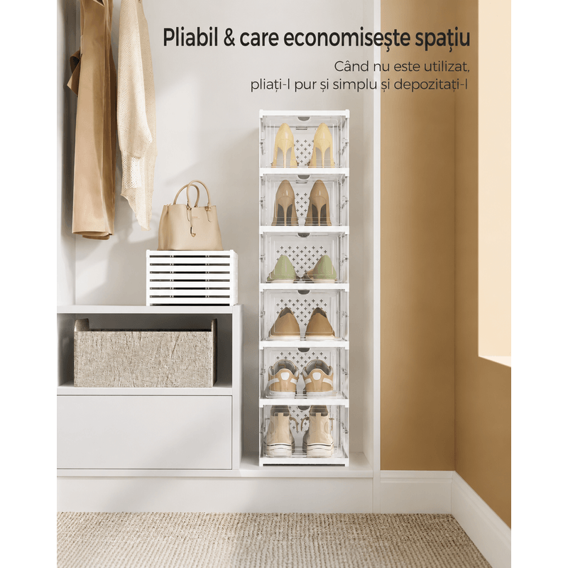 Casa si Gradina - Mobilier - Mobilier baie - Corpuri baie - Set 6 cutii pliabile pentru pantofi, organizator modular transparent, constructie rezistenta PP, 36x26x105 cm, alb - Infinity.ro