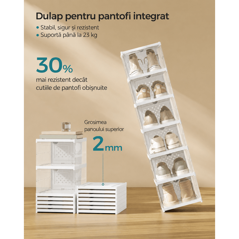 Casa si Gradina - Mobilier - Mobilier baie - Corpuri baie - Set 6 cutii pliabile pentru pantofi, organizator modular transparent, constructie rezistenta PP, 36x26x105 cm, alb - Infinity.ro