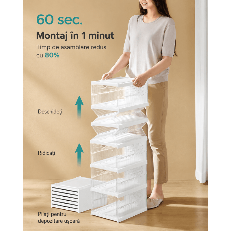 Casa si Gradina - Mobilier - Mobilier baie - Corpuri baie - Set 6 cutii pliabile pentru pantofi, organizator modular transparent, constructie rezistenta PP, 36x26x105 cm, alb - Infinity.ro