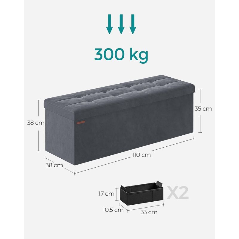 Casa si Gradina - Mobilier - Scaune si fotolii - Fotolii - Bancuta pliabila cu spatiu de depozitare, catifea matlasata, 38x110x38 cm, capacitate 300 kg, gri - Infinity.ro