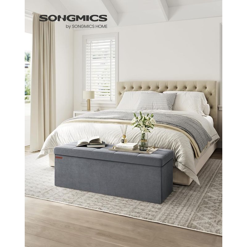 Casa si Gradina - Mobilier - Scaune si fotolii - Fotolii - Bancuta pliabila cu spatiu de depozitare, catifea matlasata, 38x110x38 cm, capacitate 300 kg, gri - Infinity.ro