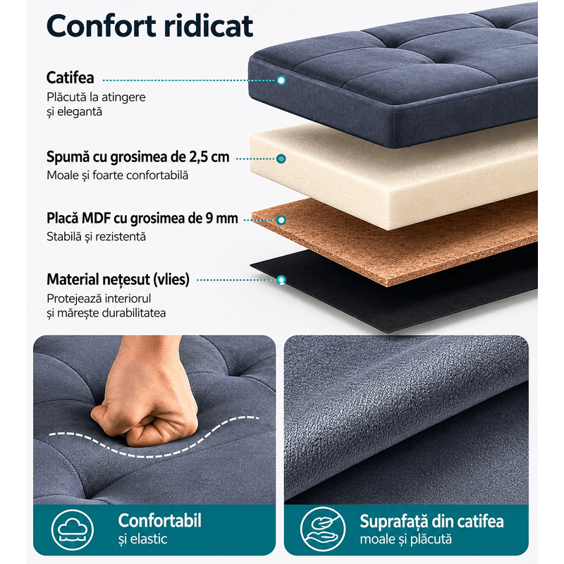 Casa si Gradina - Mobilier - Scaune si fotolii - Fotolii - Bancuta pliabila cu spatiu de depozitare, catifea matlasata, 38x110x38 cm, capacitate 300 kg, gri - Infinity.ro