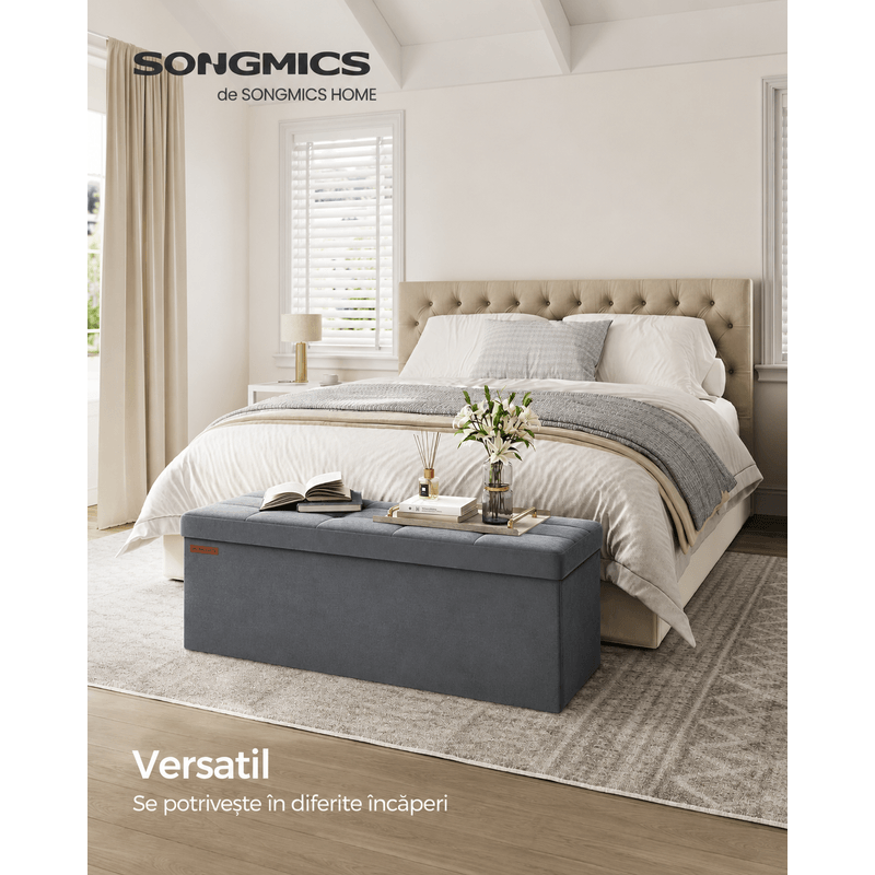 Casa si Gradina - Mobilier - Scaune si fotolii - Fotolii - Bancuta pliabila cu spatiu de depozitare, catifea matlasata, 38x110x38 cm, capacitate 300 kg, gri - Infinity.ro