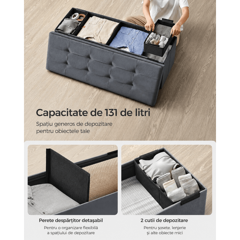 Casa si Gradina - Mobilier - Scaune si fotolii - Fotolii - Bancuta pliabila cu spatiu de depozitare, catifea matlasata, 38x110x38 cm, capacitate 300 kg, gri - Infinity.ro
