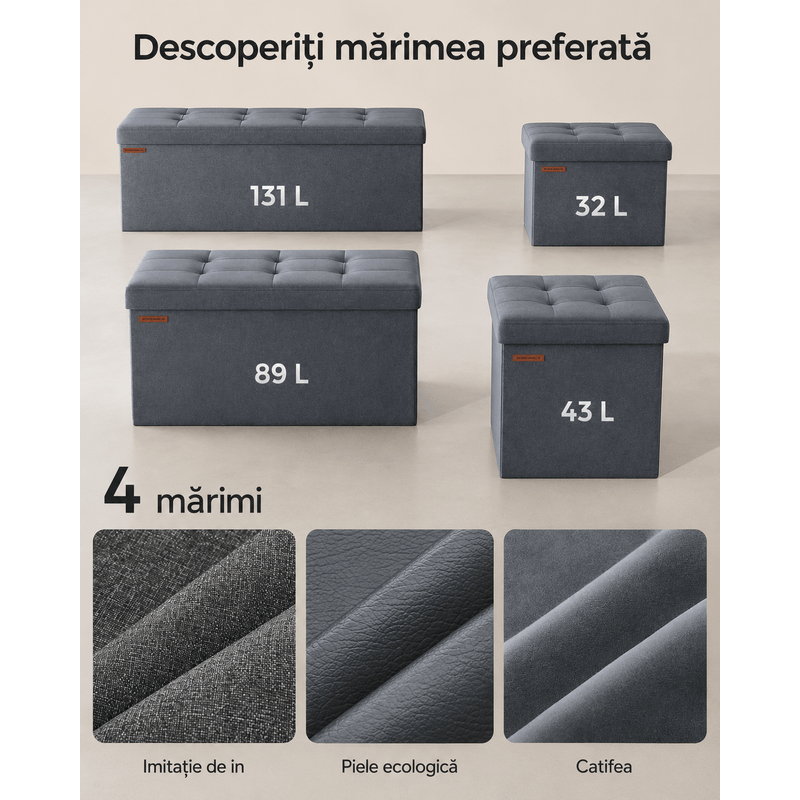 Casa si Gradina - Mobilier - Scaune si fotolii - Fotolii - Bancuta pliabila cu spatiu de depozitare, catifea matlasata, 38x110x38 cm, capacitate 300 kg, gri - Infinity.ro