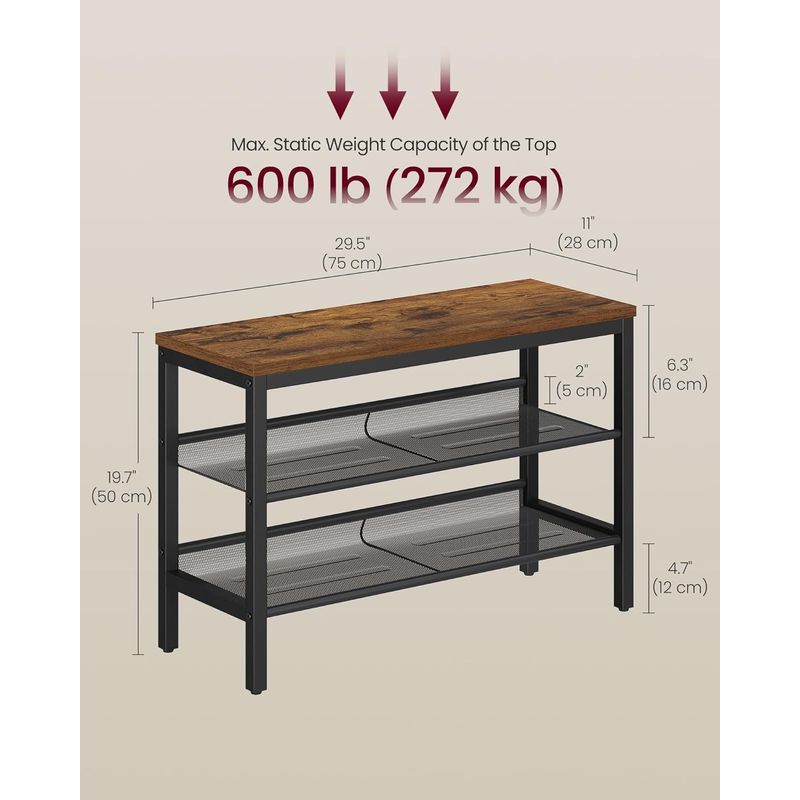 Casa si Gradina - Mobilier - Dulapuri si sifoniere - Dulapuri pantofi - Banca pentru pantofi 3 rafturi, cu polite metalice si blat PAL, cadru otel, 75x28x50 cm, maro rustic - Infinity.ro