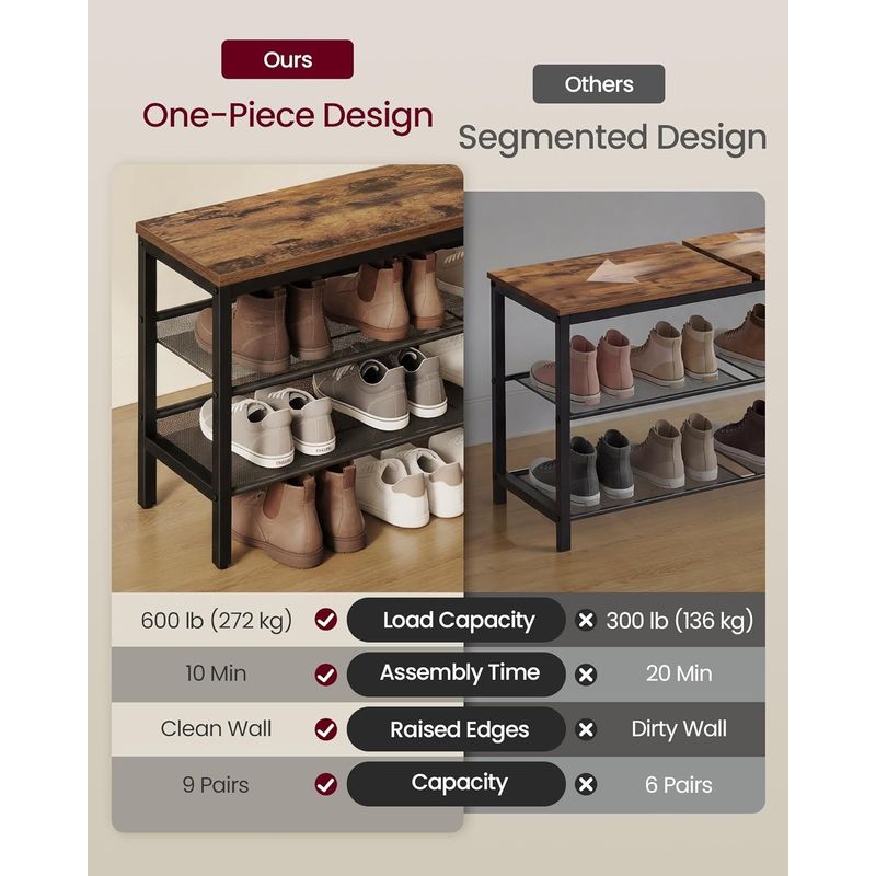 Casa si Gradina - Mobilier - Dulapuri si sifoniere - Dulapuri pantofi - Banca pentru pantofi 3 rafturi, cu polite metalice si blat PAL, cadru otel, 75x28x50 cm, maro rustic - Infinity.ro