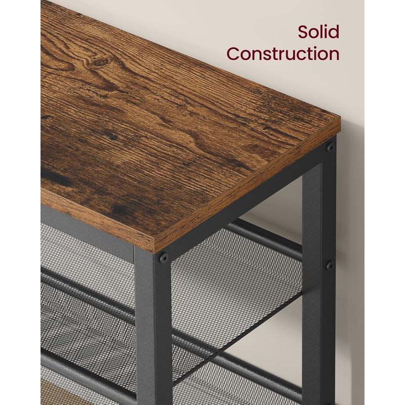 Casa si Gradina - Mobilier - Dulapuri si sifoniere - Dulapuri pantofi - Banca pentru pantofi 3 rafturi, cu polite metalice si blat PAL, cadru otel, 75x28x50 cm, maro rustic - Infinity.ro