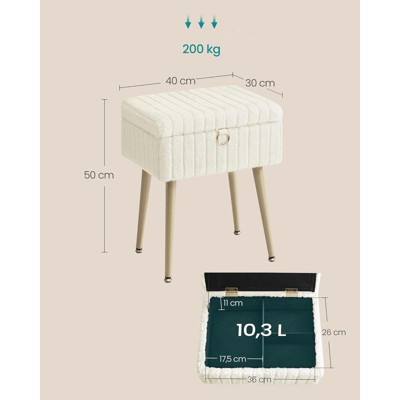 Casa si Gradina - Mobilier - Scaune si fotolii - Fotolii - Taburet cu spatiu de depozitare si picioare metalice, tapitat, maxim 200 kg, 40x30x50 cm, alb crem - Infinity.ro