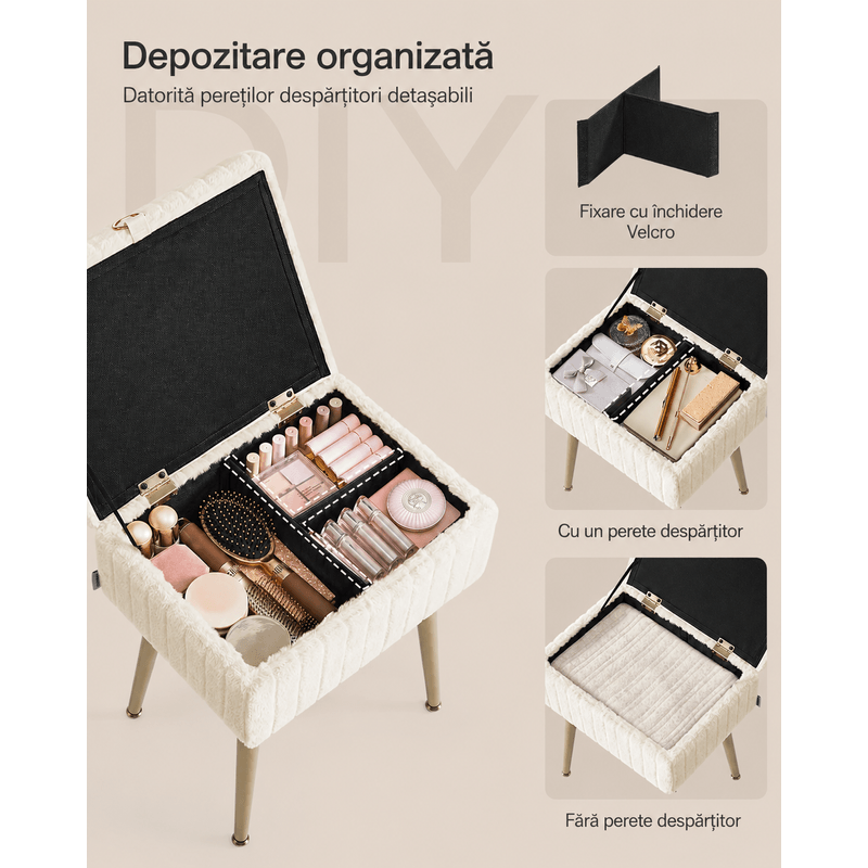 Casa si Gradina - Mobilier - Scaune si fotolii - Fotolii - Taburet cu spatiu de depozitare si picioare metalice, tapitat, maxim 200 kg, 40x30x50 cm, alb crem - Infinity.ro