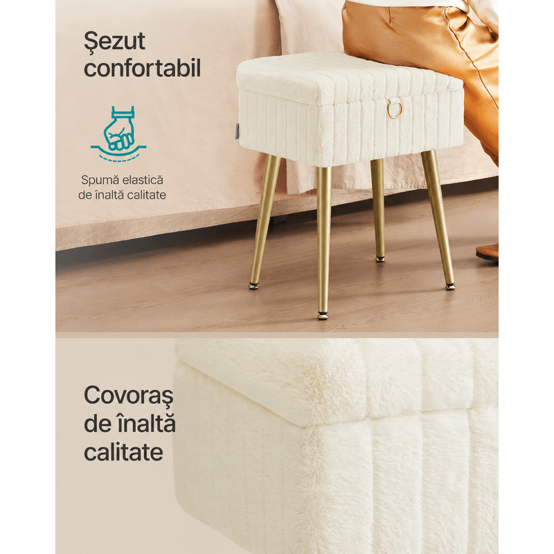 Casa si Gradina - Mobilier - Scaune si fotolii - Fotolii - Taburet cu spatiu de depozitare si picioare metalice, tapitat, maxim 200 kg, 40x30x50 cm, alb crem - Infinity.ro