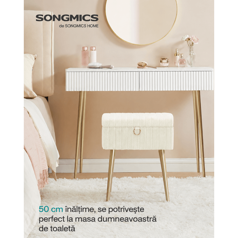 Casa si Gradina - Mobilier - Scaune si fotolii - Fotolii - Taburet cu spatiu de depozitare si picioare metalice, tapitat, maxim 200 kg, 40x30x50 cm, alb crem - Infinity.ro