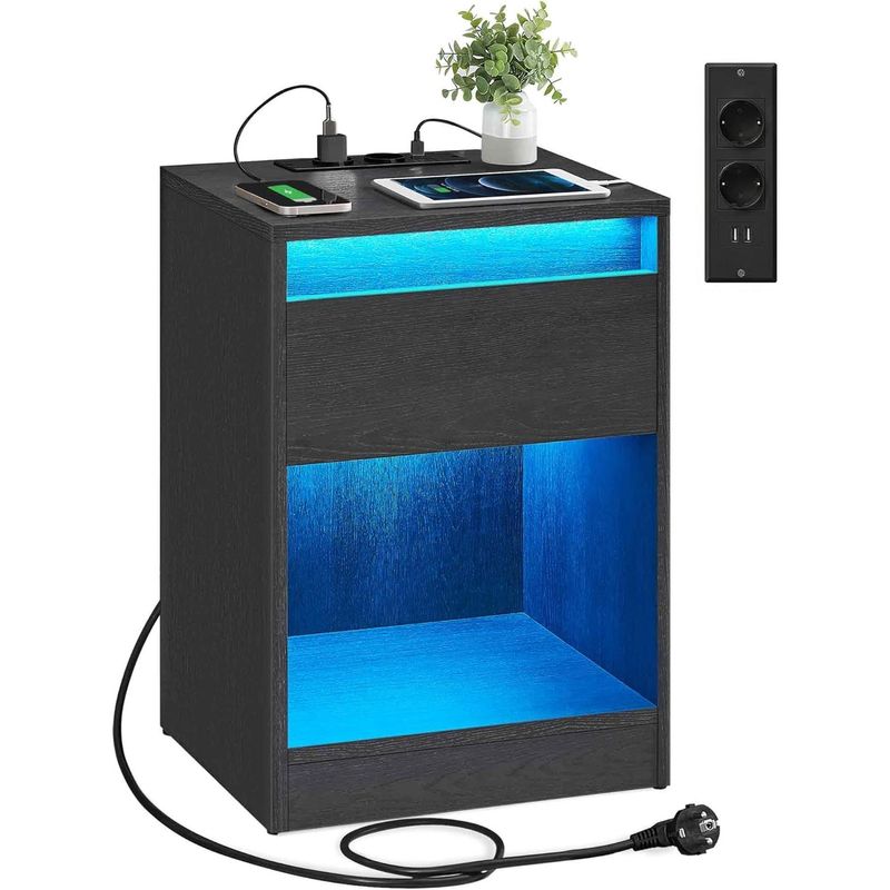 Casa si Gradina - Mobilier - Comode si corpuri - Noptiere - Noptiera cu iluminare LED reglabila, prize si porturi USB, sertar si raft, MDF si PAL, 40x35x55 cm, negru - Infinity.ro
