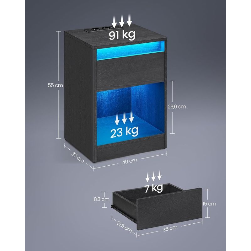 Casa si Gradina - Mobilier - Comode si corpuri - Noptiere - Noptiera cu iluminare LED reglabila, prize si porturi USB, sertar si raft, MDF si PAL, 40x35x55 cm, negru - Infinity.ro