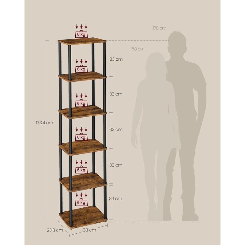 Casa si Gradina - Mobilier - Biblioteci si rafturi - Biblioteci - Biblioteca cu 6 rafturi, cadru metalic, stil industrial, 38x24x173 cm, maro rustic - Infinity.ro