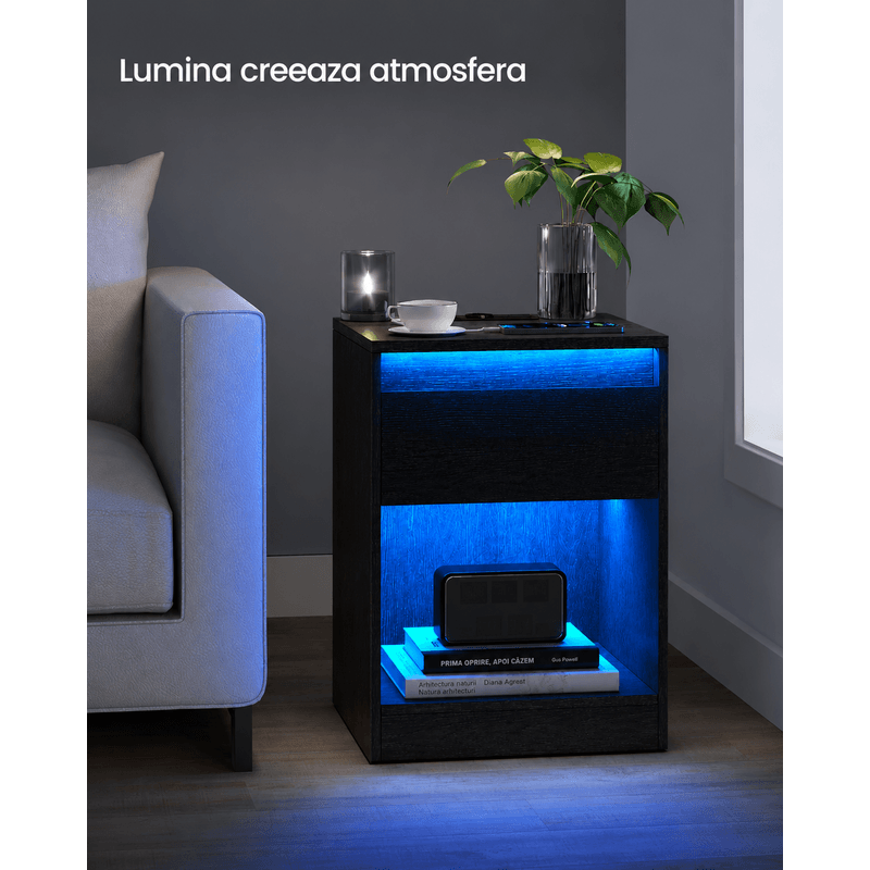 Casa si Gradina - Mobilier - Comode si corpuri - Noptiere - Noptiera cu iluminare LED reglabila, prize si porturi USB, sertar si raft, MDF si PAL, 40x35x55 cm, negru - Infinity.ro