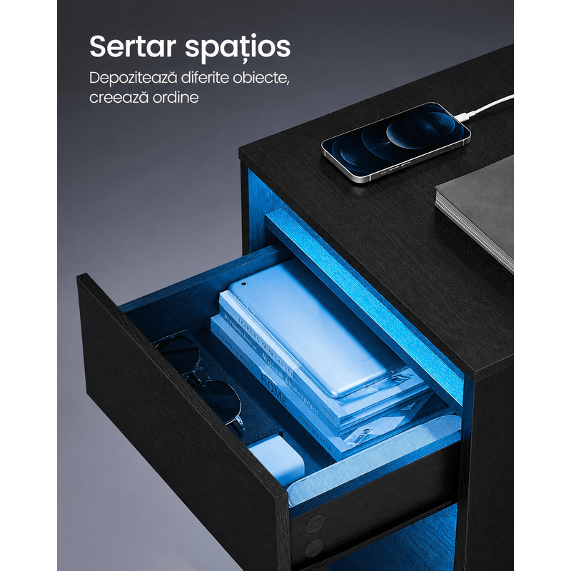 Casa si Gradina - Mobilier - Comode si corpuri - Noptiere - Noptiera cu iluminare LED reglabila, prize si porturi USB, sertar si raft, MDF si PAL, 40x35x55 cm, negru - Infinity.ro