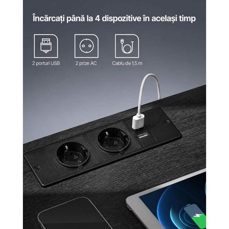 Casa si Gradina - Mobilier - Comode si corpuri - Noptiere - Noptiera cu iluminare LED reglabila, prize si porturi USB, sertar si raft, MDF si PAL, 40x35x55 cm, negru - Infinity.ro
