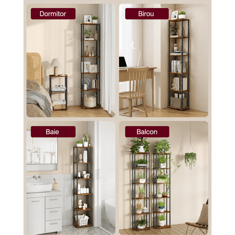 Casa si Gradina - Mobilier - Biblioteci si rafturi - Biblioteci - Biblioteca cu 6 rafturi, cadru metalic, stil industrial, 38x24x173 cm, maro rustic - Infinity.ro