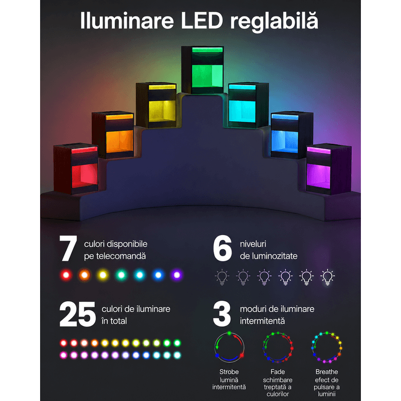 Casa si Gradina - Mobilier - Comode si corpuri - Noptiere - Noptiera cu iluminare LED reglabila, prize si porturi USB, sertar si raft, MDF si PAL, 40x35x55 cm, negru - Infinity.ro