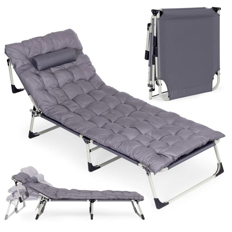 Casa si Gradina - Gradina si terasa - Mobilier exterior - Scaune si sezlonguri gradina - Sezlong gradina pliabil cu saltea groasa si perna, spatar reglabil, maxim 120 kg, 67x193x77 cm, gri - Infinity.ro