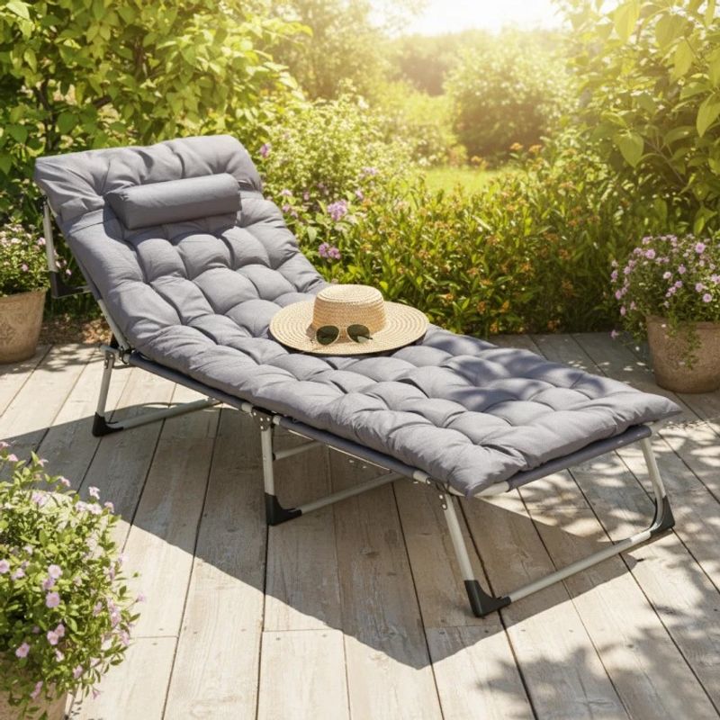 Casa si Gradina - Gradina si terasa - Mobilier exterior - Scaune si sezlonguri gradina - Sezlong gradina pliabil cu saltea groasa si perna, spatar reglabil, maxim 120 kg, 67x193x77 cm, gri - Infinity.ro